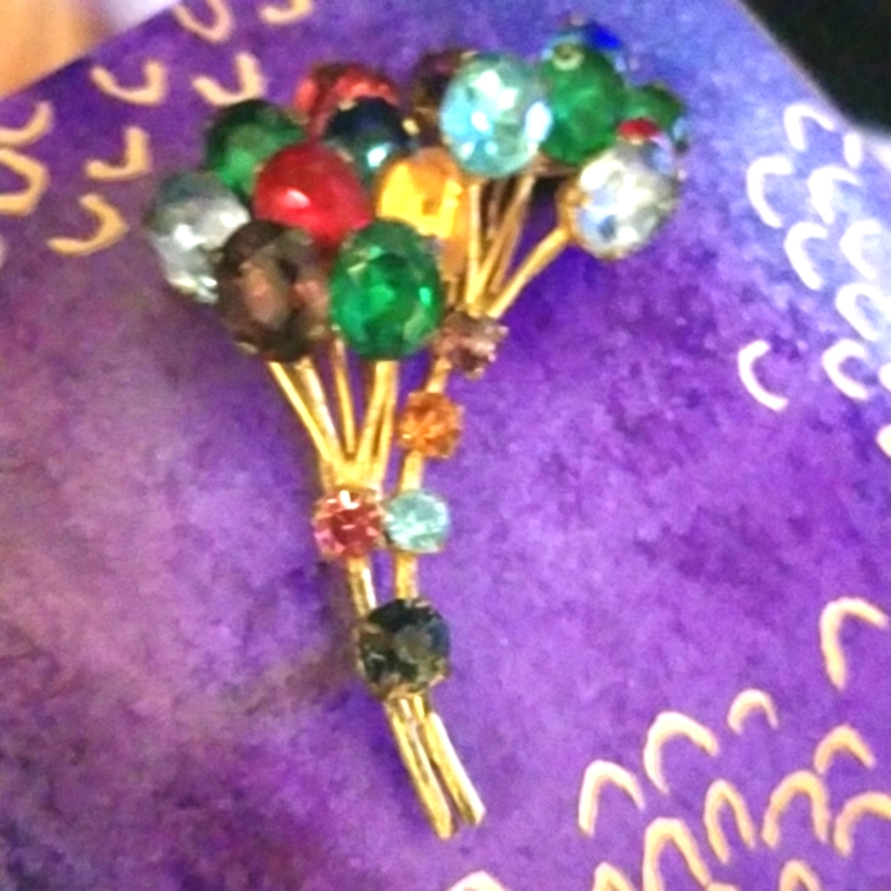 Vtg 50's CZECH Glass  Bouquet Gem Stones Multi Colorful Rare Gold Marked Brooch - Picture 7 of 9